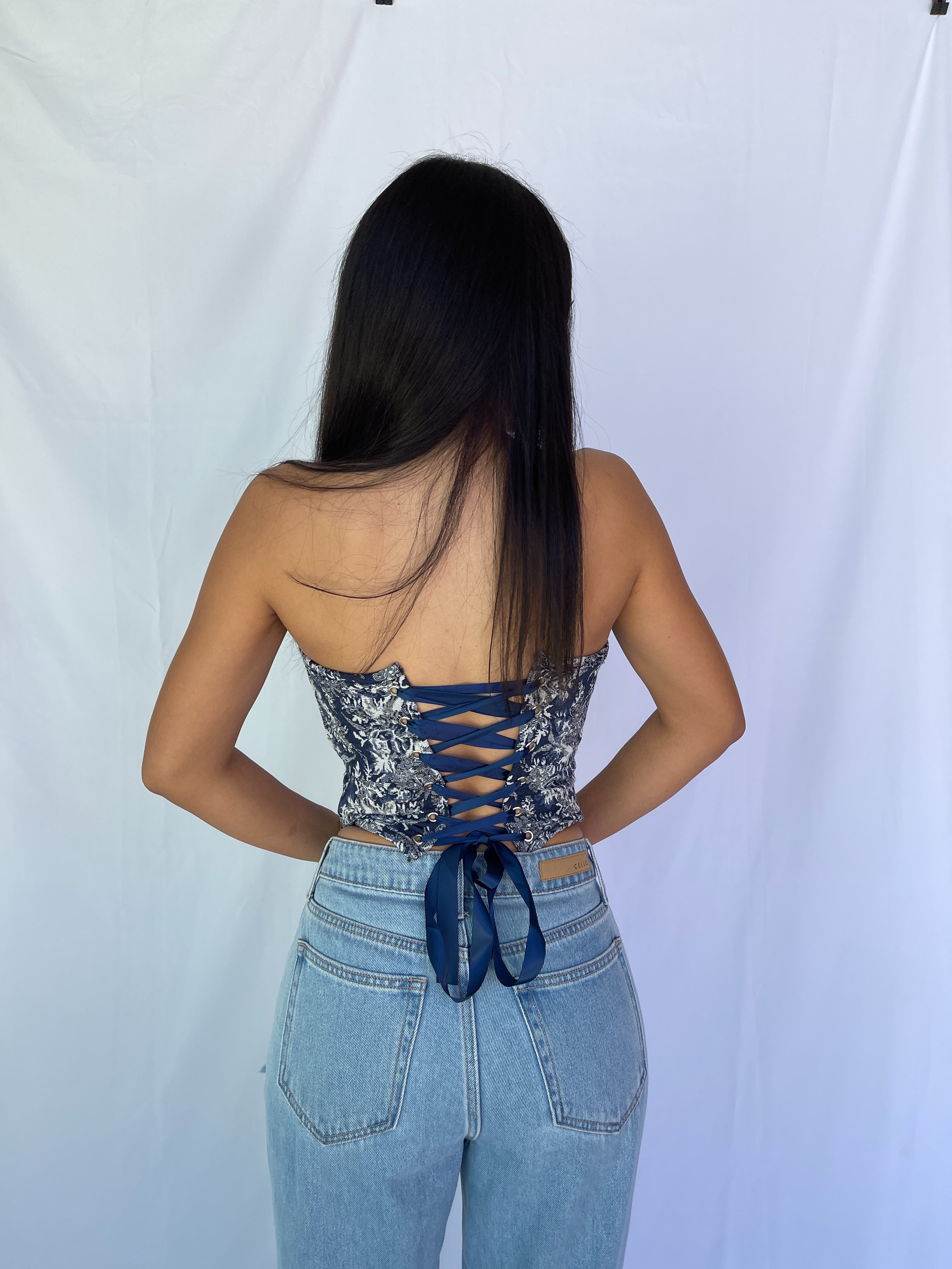 Churchills Downs Corset Top, Blue Floral Corset Top, Corset Top
