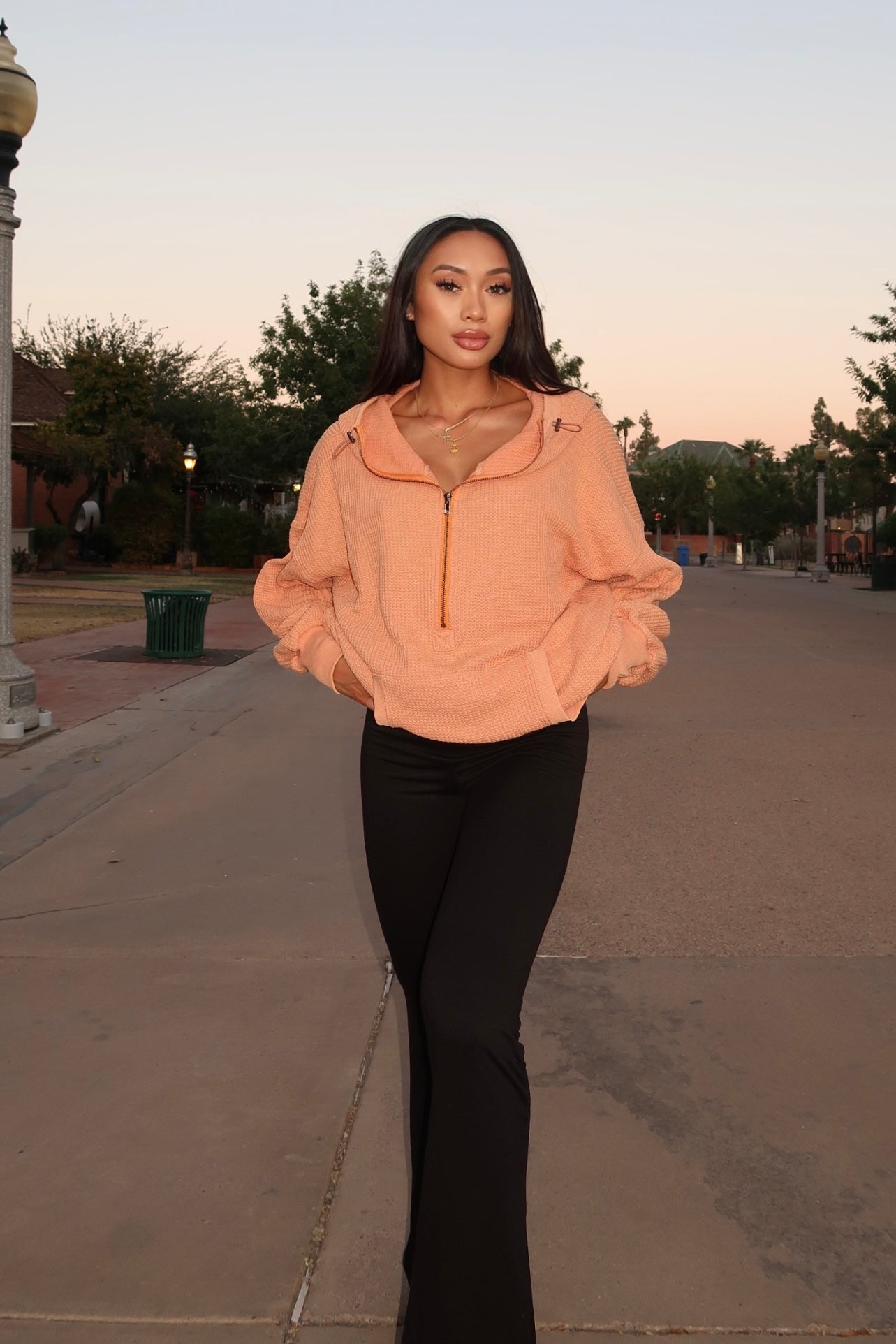 Vintage Peach Oversize Thermal Zip Hoodie