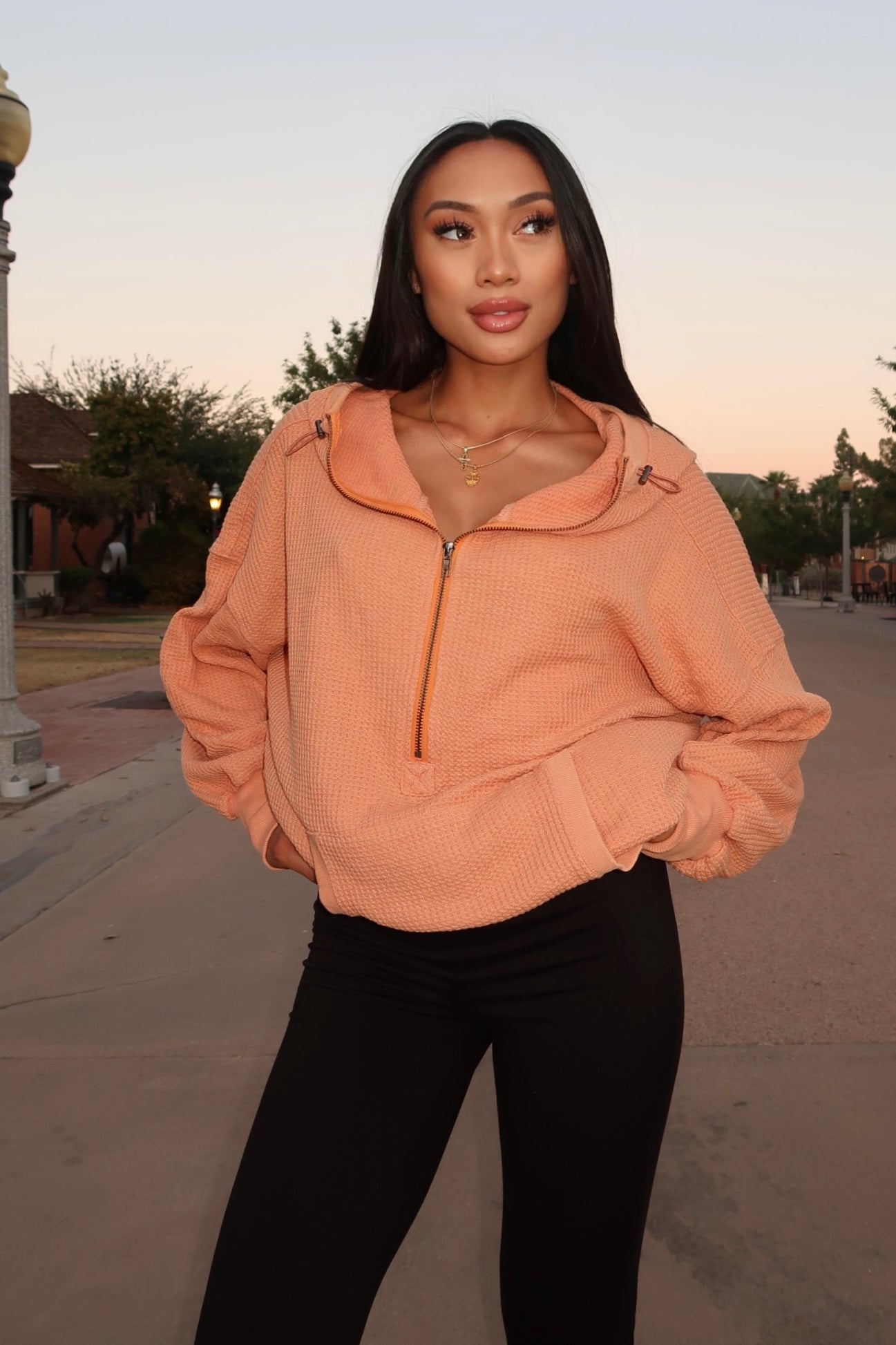 Vintage Peach Oversize Thermal Zip Hoodie