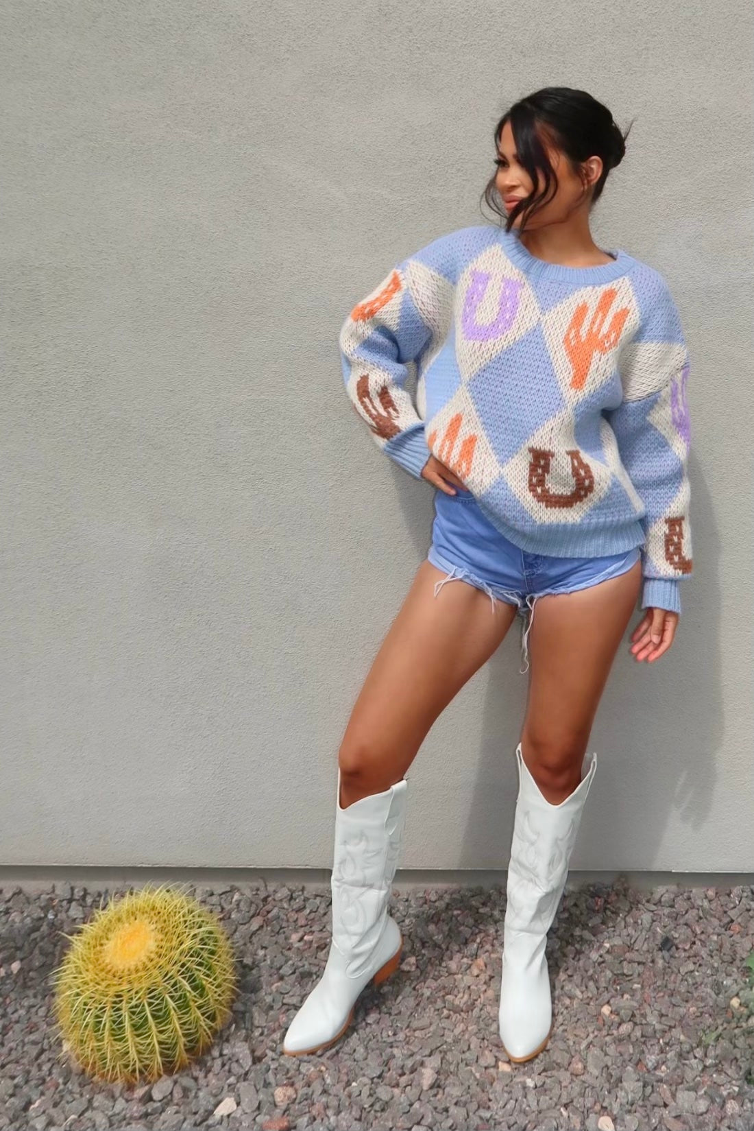 festival Outfit ideas, baby blue sweater, western style, coachella fashion ideas, brunch outfit black woman, spring 2024 outfit ideas, arizona style, spring nails, spring 2024 trends, Spring outfits, upcycled fashion, spring business casual outfits, short overall outfits, bachelor finale, houston, tyla, tyla style, spring outfits, spring trendy styles, spring knit sweater, cactus knit sweater, desert style, western style, cowgirl style, cowgirl fashion