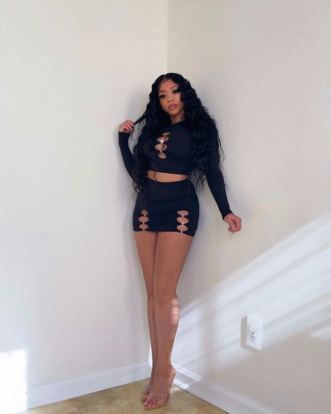 Black Outfit Set, Black Rhinestone skirt set