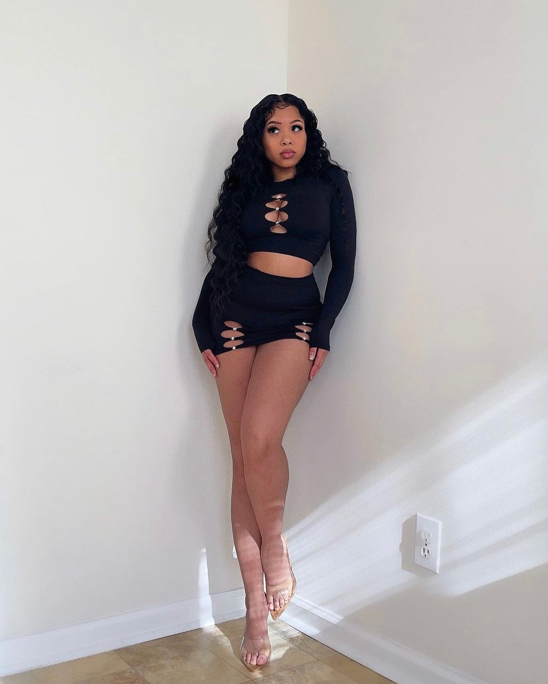 Black Outfit Set, Black Rhinestone skirt set