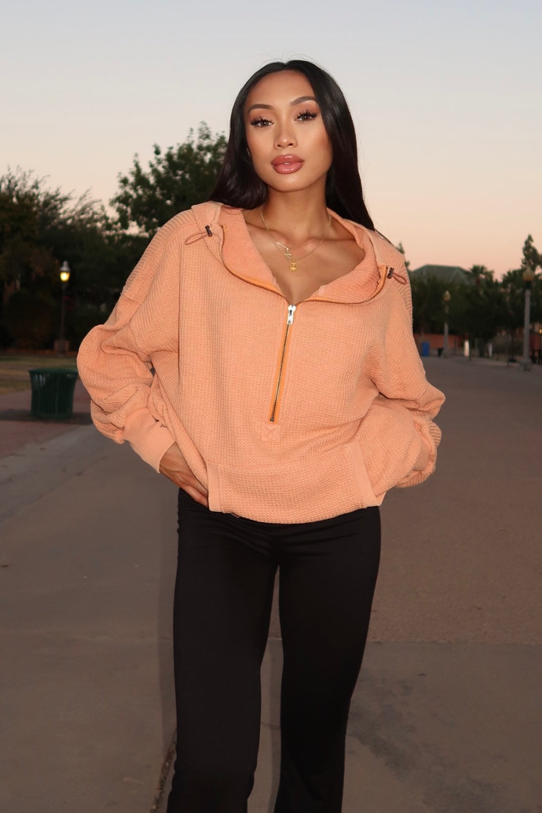 Vintage Peach Oversize Thermal Zip Hoodie